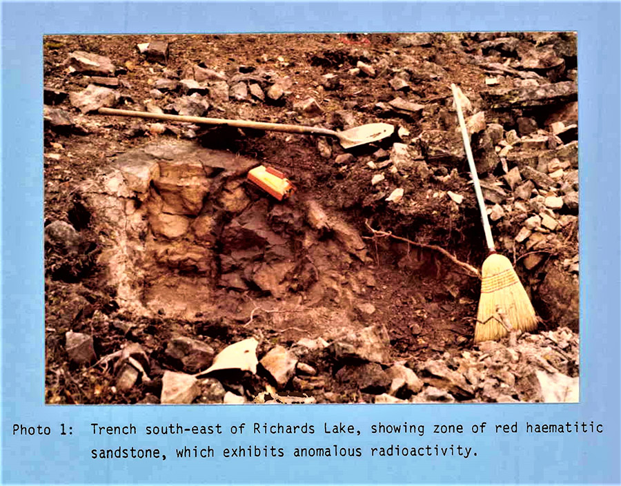 Radioactive uranium-bearing outcrop in historical trench at Sabre (Marline Oil, 1979)